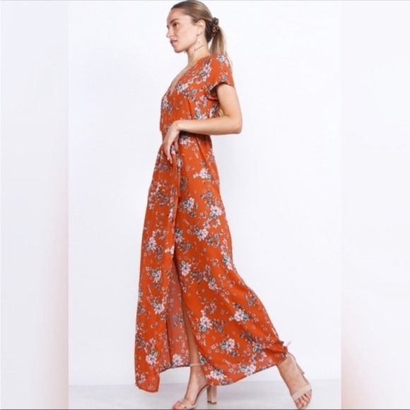 BNWT OLIVACEOUS Floral Maxi Wrap Dress, Burnt Orange Floral Print - Picture 2 of 5